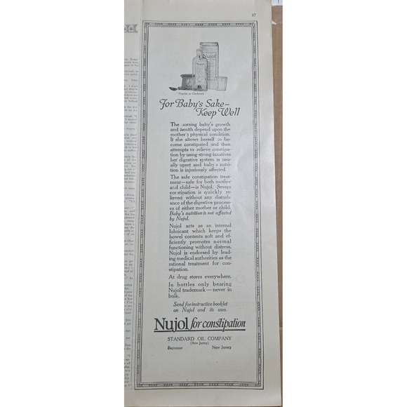Vintage 1917 Nujol for Constipation Print Ad Standard Oil Company New Jersey